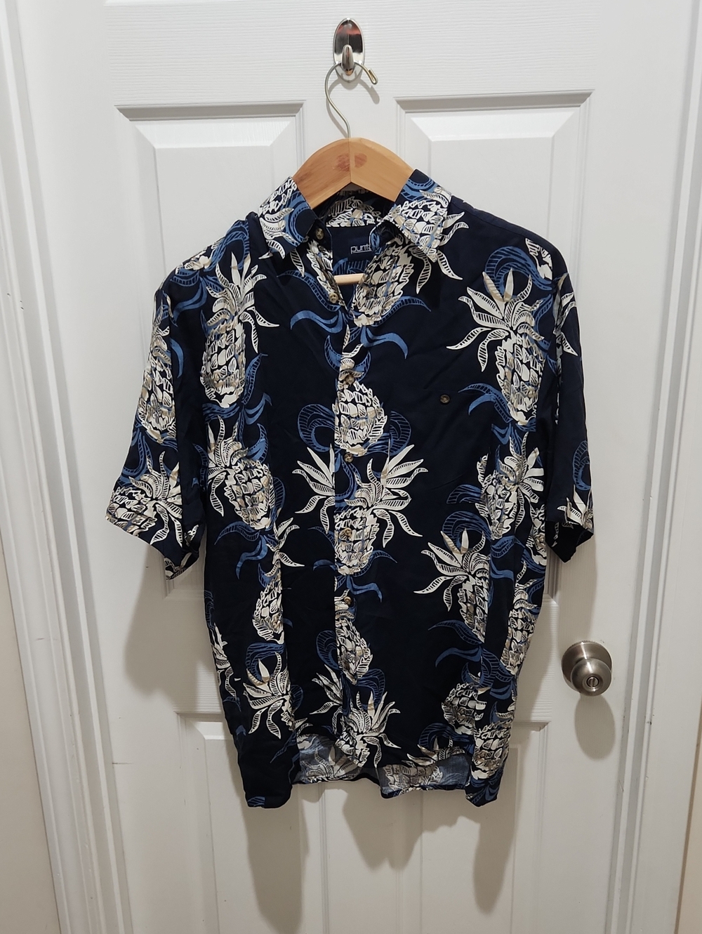 Puritan Navy Blue and White Pineapple-Print Short Sleeve Button-Down Shirt